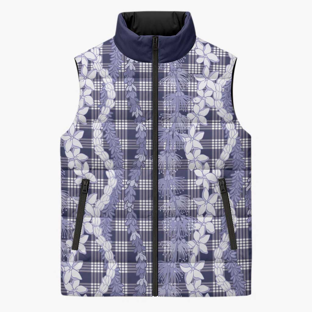 Hawaiian Ohia Lehua Lei Sleeveless Puffer Jacket Plaid Palaka Uliuli hohonu Pattern - Polynesian Pride