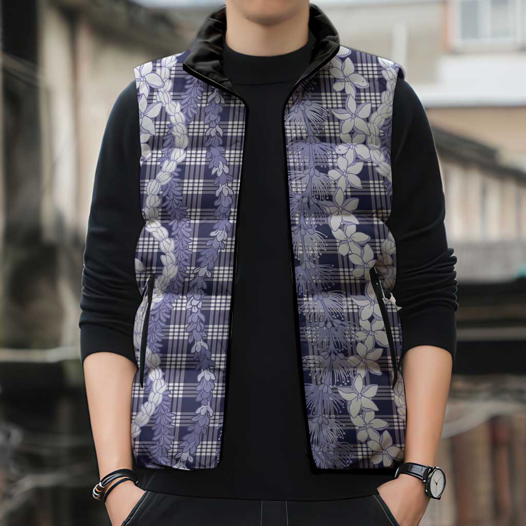Hawaiian Ohia Lehua Lei Sleeveless Puffer Jacket Plaid Palaka Uliuli hohonu Pattern - Polynesian Pride