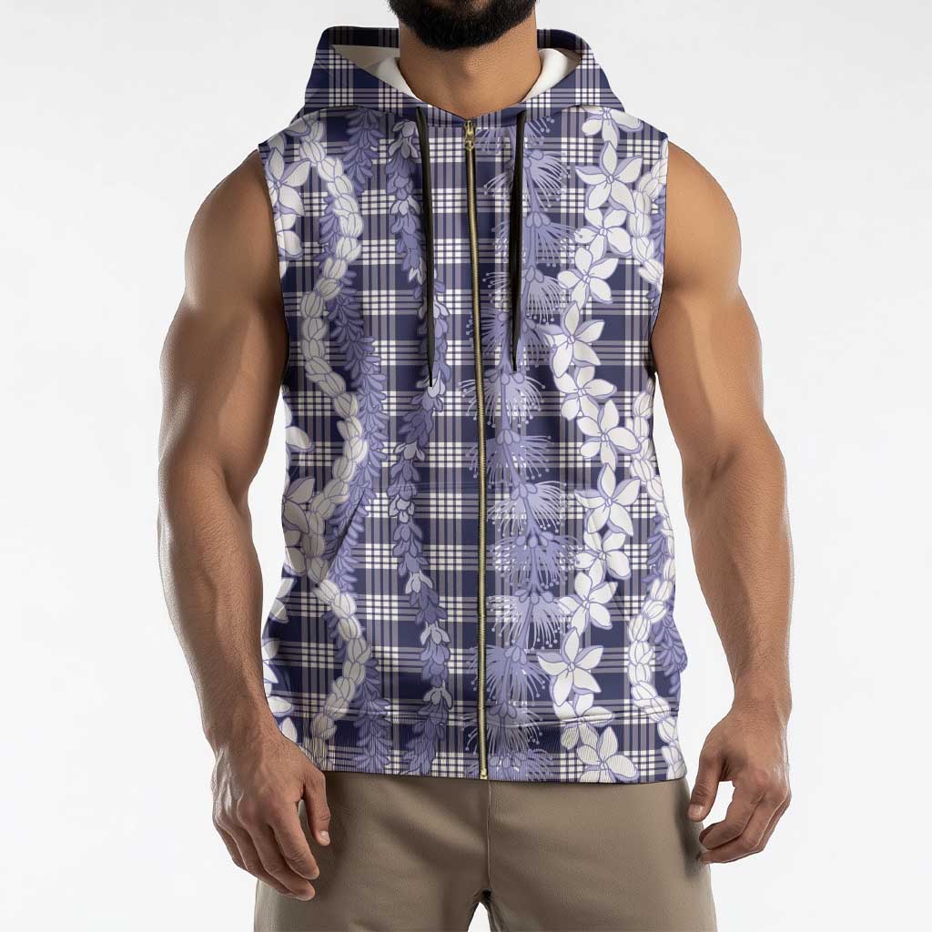 Hawaiian Ohia Lehua Lei Sleeveless Zip Hoodie Plaid Palaka Uliuli hohonu Pattern - Polynesian Pride
