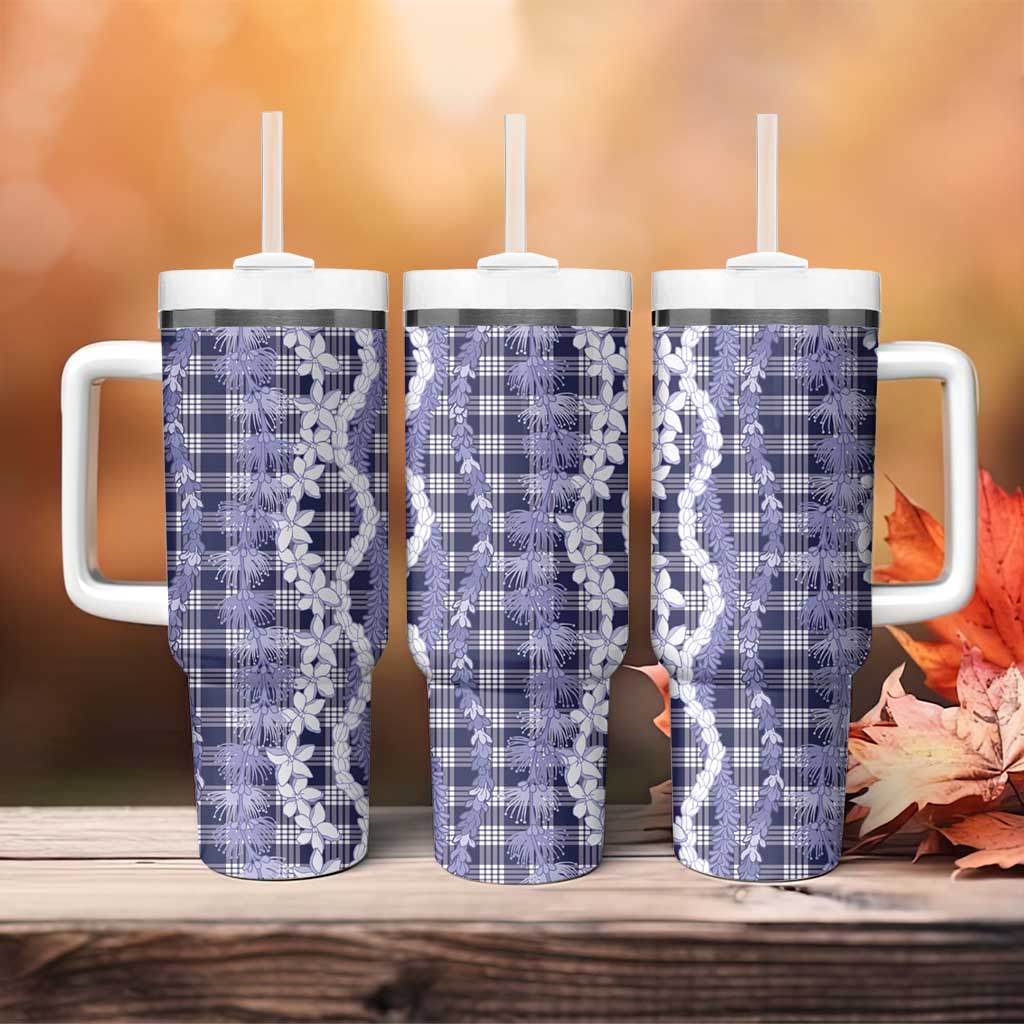 Hawaiian Ohia Lehua Lei Tumbler With Handle Plaid Palaka Uliuli hohonu Pattern - Polynesian Pride