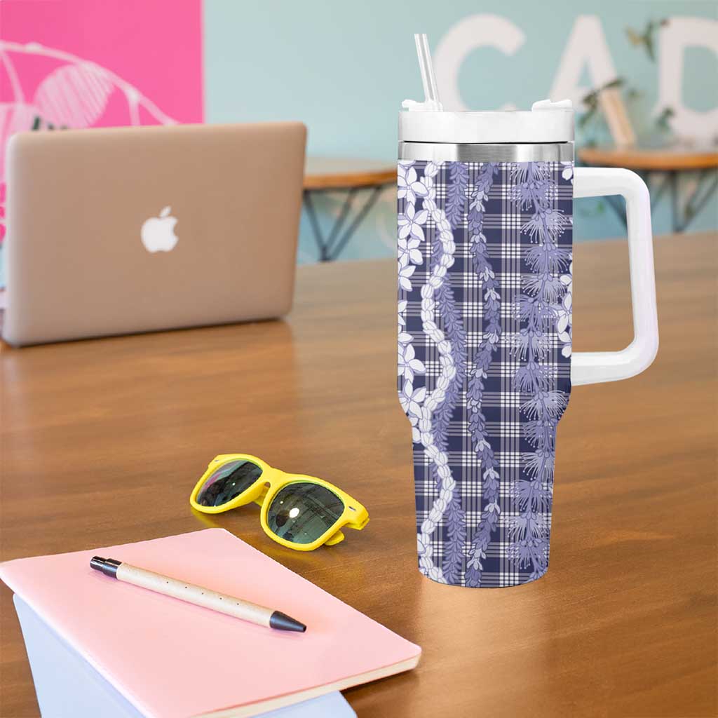 Hawaiian Ohia Lehua Lei Tumbler With Handle Plaid Palaka Uliuli hohonu Pattern - Polynesian Pride