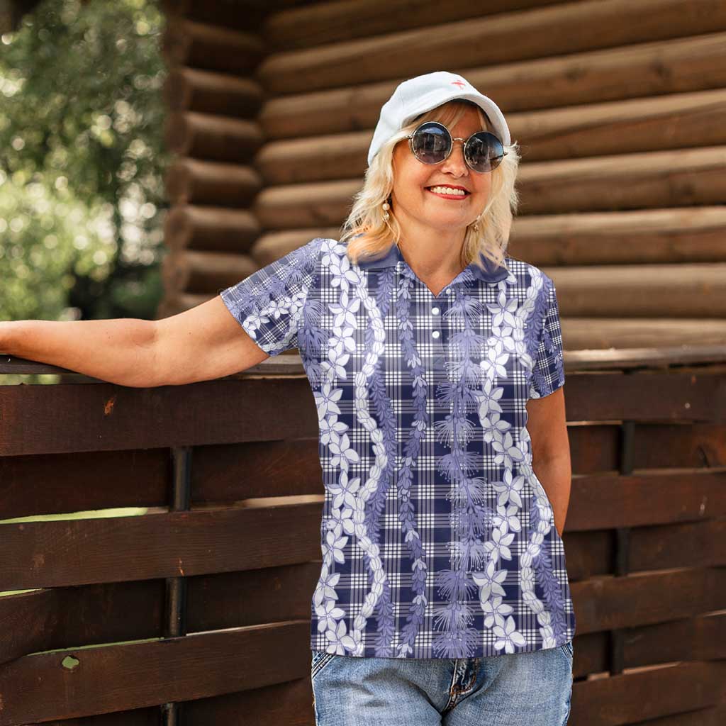 Hawaiian Ohia Lehua Lei Women Polo Shirt Plaid Palaka Uliuli hohonu Pattern - Polynesian Pride