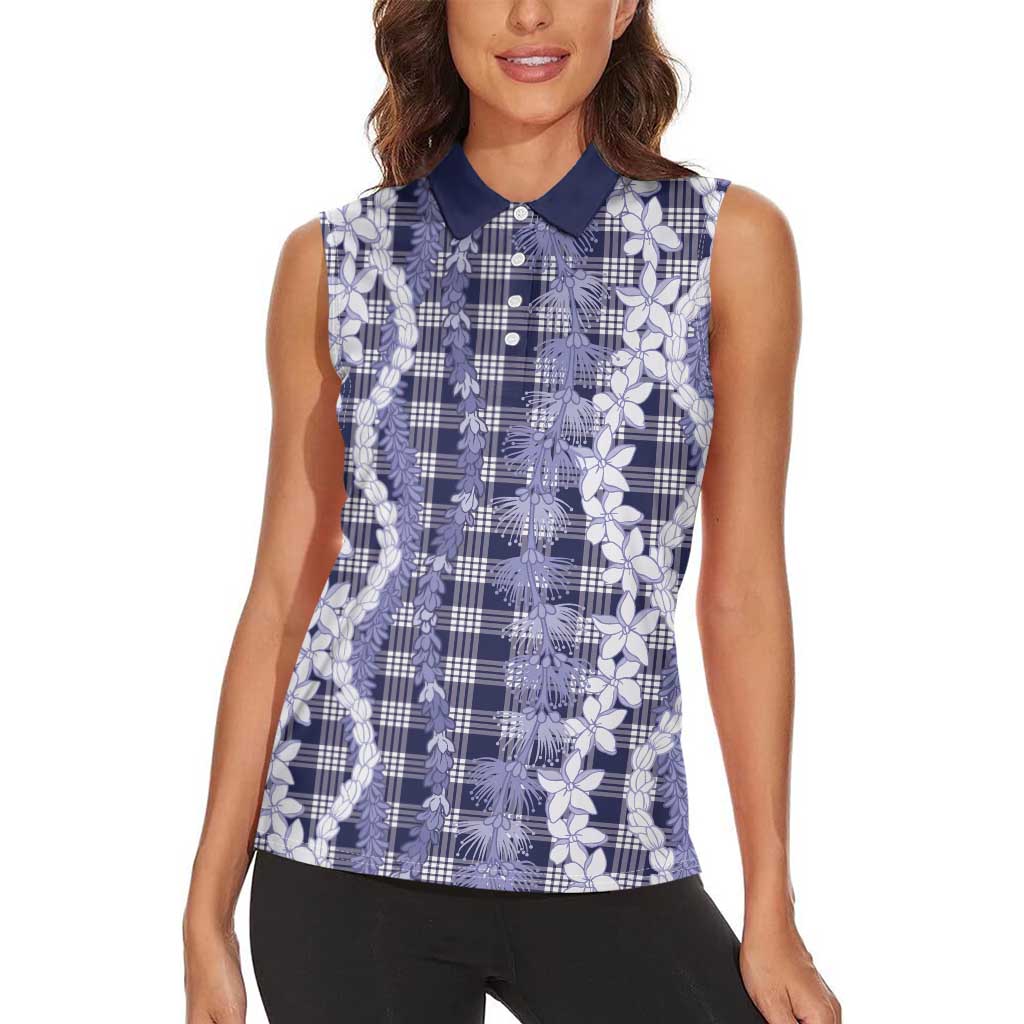 Hawaiian Ohia Lehua Lei Women Sleeveless Polo Shirt Plaid Palaka Uliuli hohonu Pattern - Polynesian Pride