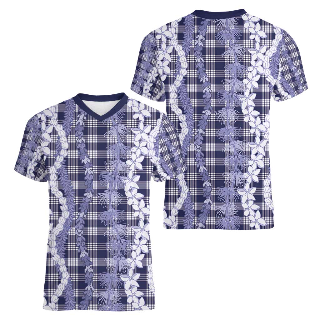 Hawaiian Ohia Lehua Lei Women V-Neck T-Shirt Plaid Palaka Uliuli hohonu Pattern - Polynesian Pride