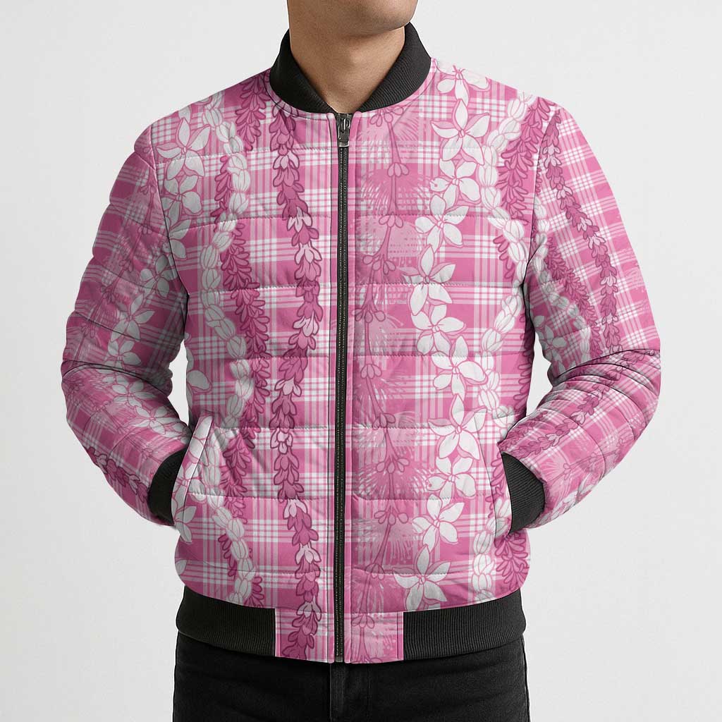 Hawaiian Ohia Lehua Lei Bomber Puffer Jacket Plaid Palaka Akala Pattern - Polynesian Pride