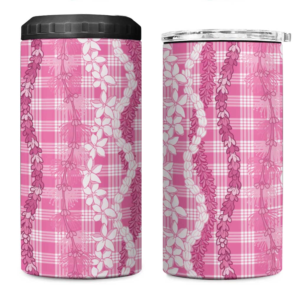Hawaiian Ohia Lehua Lei 4 in 1 Can Cooler Tumbler Plaid Palaka Akala Pattern - Polynesian Pride