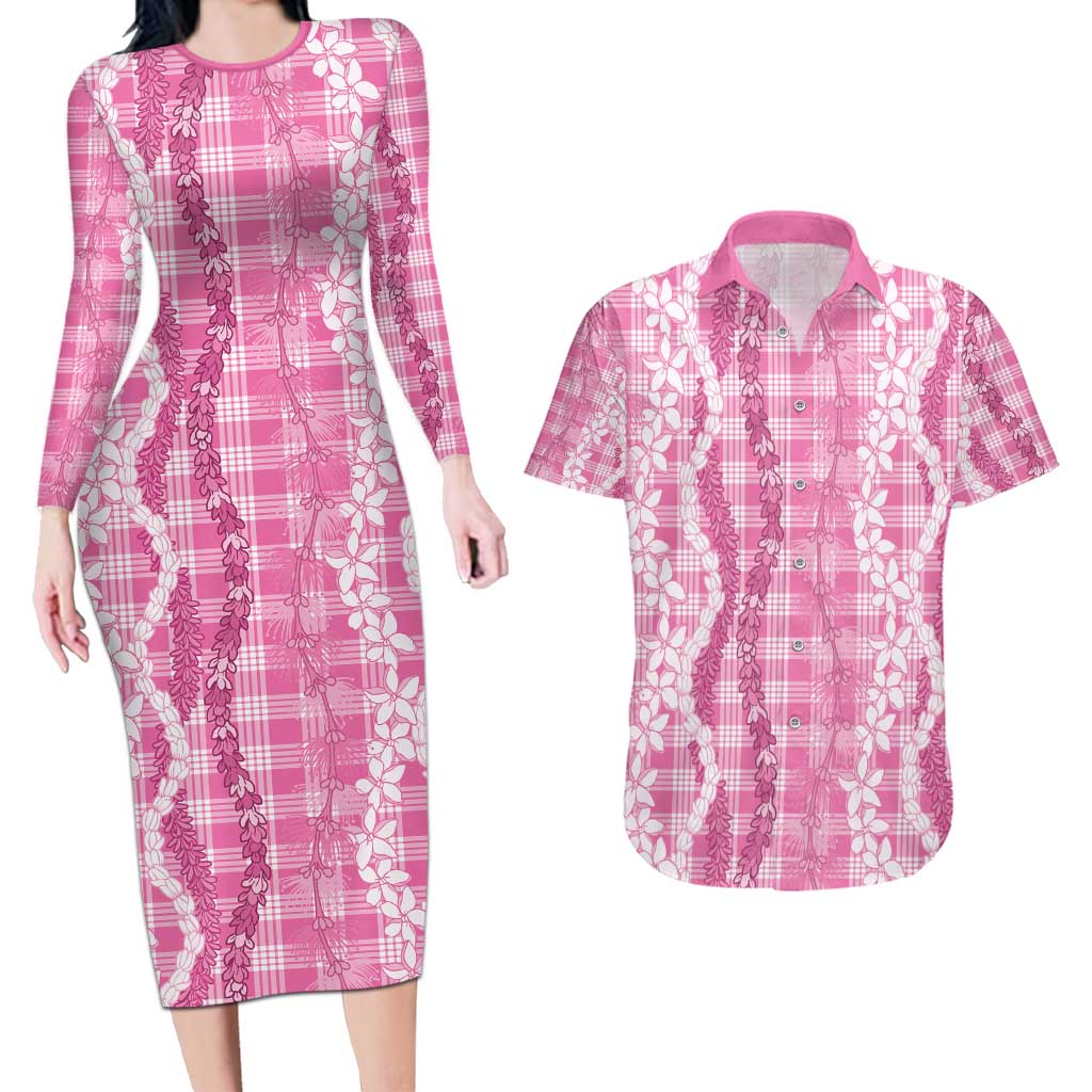 Hawaiian Ohia Lehua Lei Couples Matching Long Sleeve Bodycon Dress and Hawaiian Shirt Plaid Palaka Akala Pattern - Polynesian Pride