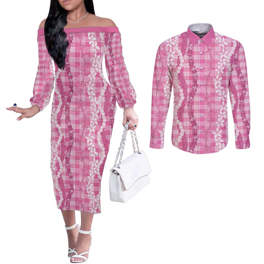 Hawaiian Ohia Lehua Lei Couples Matching Off The Shoulder Long Sleeve Dress and Long Sleeve Button Shirt Plaid Palaka Akala Pattern - Polynesian Pride