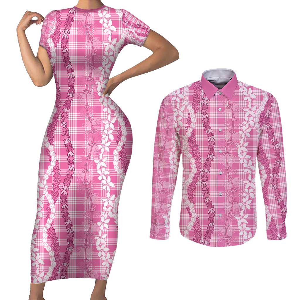 Hawaiian Ohia Lehua Lei Couples Matching Short Sleeve Bodycon Dress and Long Sleeve Button Shirt Plaid Palaka Akala Pattern - Polynesian Pride