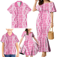 Hawaiian Ohia Lehua Lei Family Matching Mermaid Dress and Hawaiian Shirt Plaid Palaka Akala Pattern - Polynesian Pride
