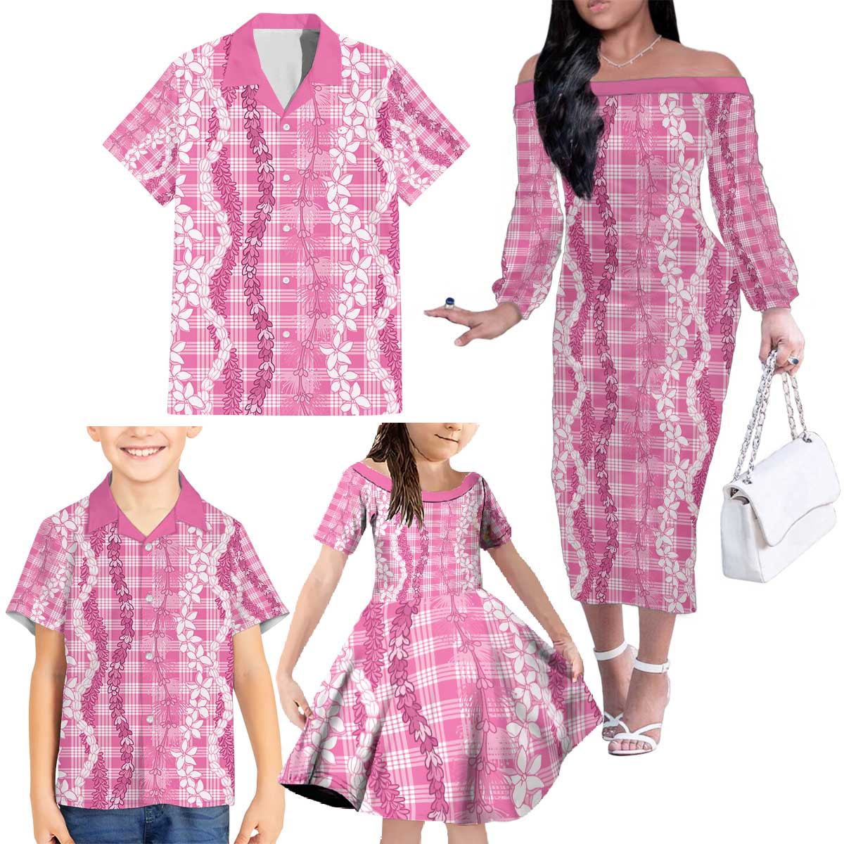 Hawaiian Ohia Lehua Lei Family Matching Off The Shoulder Long Sleeve Dress and Hawaiian Shirt Plaid Palaka Akala Pattern - Polynesian Pride
