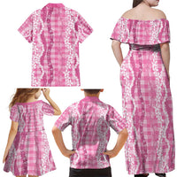 Hawaiian Ohia Lehua Lei Family Matching Off Shoulder Maxi Dress and Hawaiian Shirt Plaid Palaka Akala Pattern - Polynesian Pride