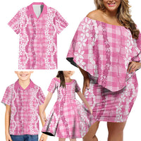Hawaiian Ohia Lehua Lei Family Matching Off Shoulder Short Dress and Hawaiian Shirt Plaid Palaka Akala Pattern - Polynesian Pride
