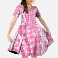 Hawaiian Ohia Lehua Lei Family Matching Puletasi and Hawaiian Shirt Plaid Palaka Akala Pattern LT9 Daughter's Dress Pink - Polynesian Pride
