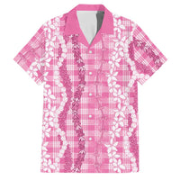 Hawaiian Ohia Lehua Lei Family Matching Puletasi and Hawaiian Shirt Plaid Palaka Akala Pattern LT9 Dad's Shirt - Short Sleeve Pink - Polynesian Pride