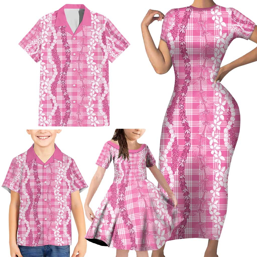 Hawaiian Ohia Lehua Lei Family Matching Short Sleeve Bodycon Dress and Hawaiian Shirt Plaid Palaka Akala Pattern - Polynesian Pride
