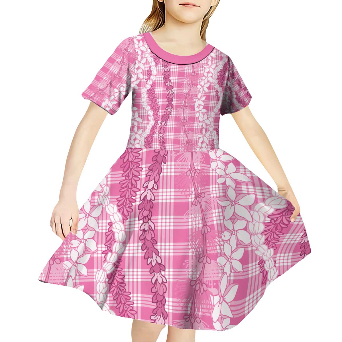Hawaiian Ohia Lehua Lei Kid Short Sleeve Dress Plaid Palaka Akala Pattern - Polynesian Pride