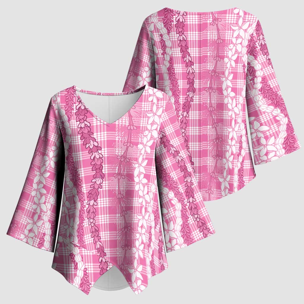 Hawaiian Ohia Lehua Lei Kimono Sleeve Blouse Plaid Palaka Akala Pattern - Polynesian Pride