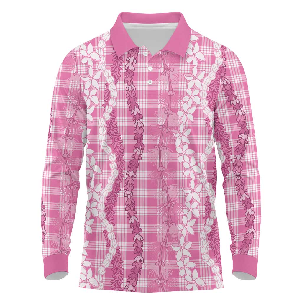 Hawaiian Ohia Lehua Lei Long Sleeve Polo Shirt Plaid Palaka Akala Pattern - Polynesian Pride