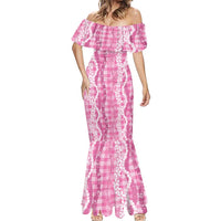 Hawaiian Ohia Lehua Lei Mermaid Dress Plaid Palaka Akala Pattern - Polynesian Pride