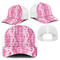 Hawaiian Ohia Lehua Lei Mesh Trucker Cap Plaid Palaka Akala Pattern - Polynesian Pride