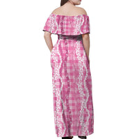 Hawaiian Ohia Lehua Lei Off Shoulder Maxi Dress Plaid Palaka Akala Pattern - Polynesian Pride