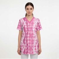 Hawaiian Ohia Lehua Lei Scrub Top Plaid Palaka Akala Pattern - Polynesian Pride