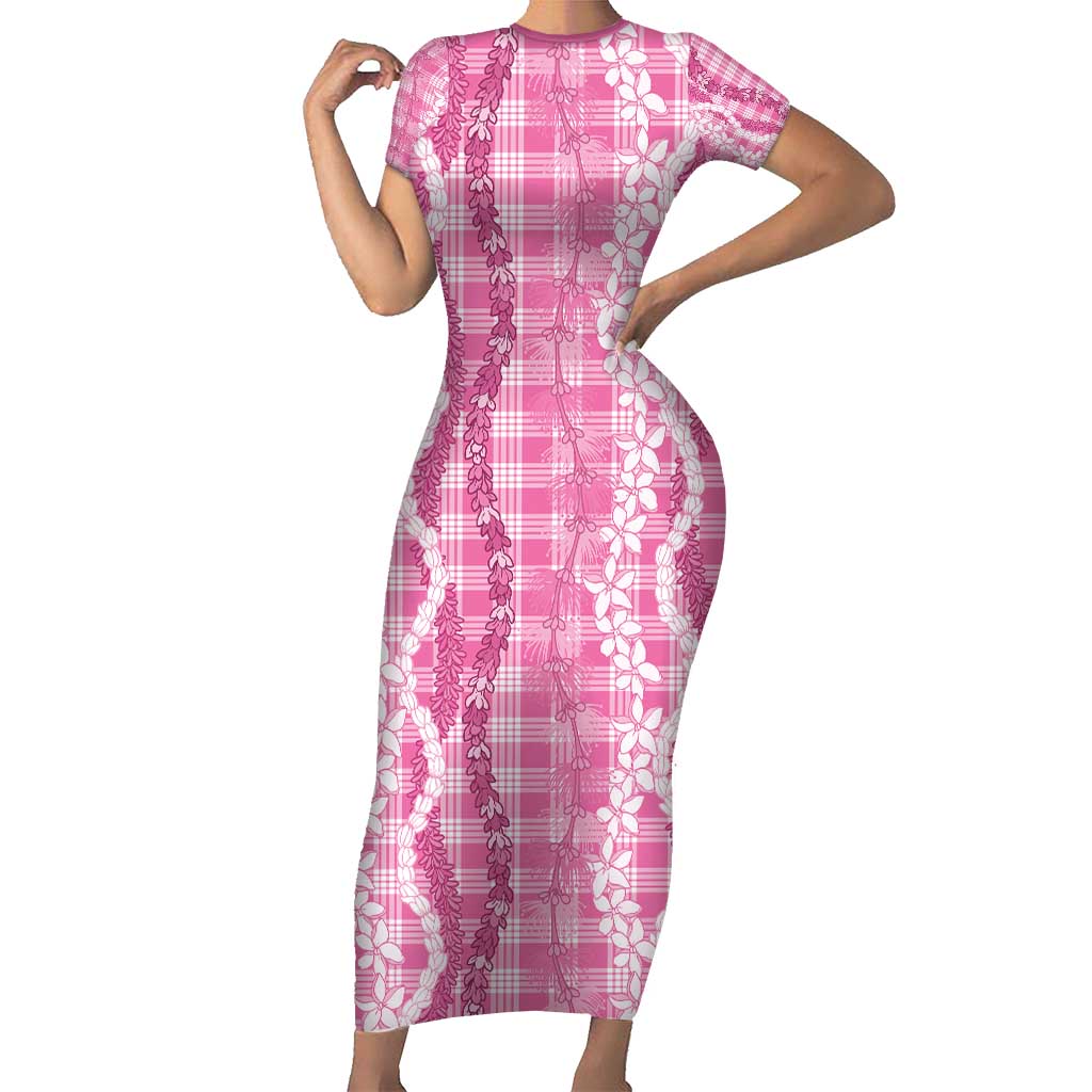 Hawaiian Ohia Lehua Lei Short Sleeve Bodycon Dress Plaid Palaka Akala Pattern - Polynesian Pride