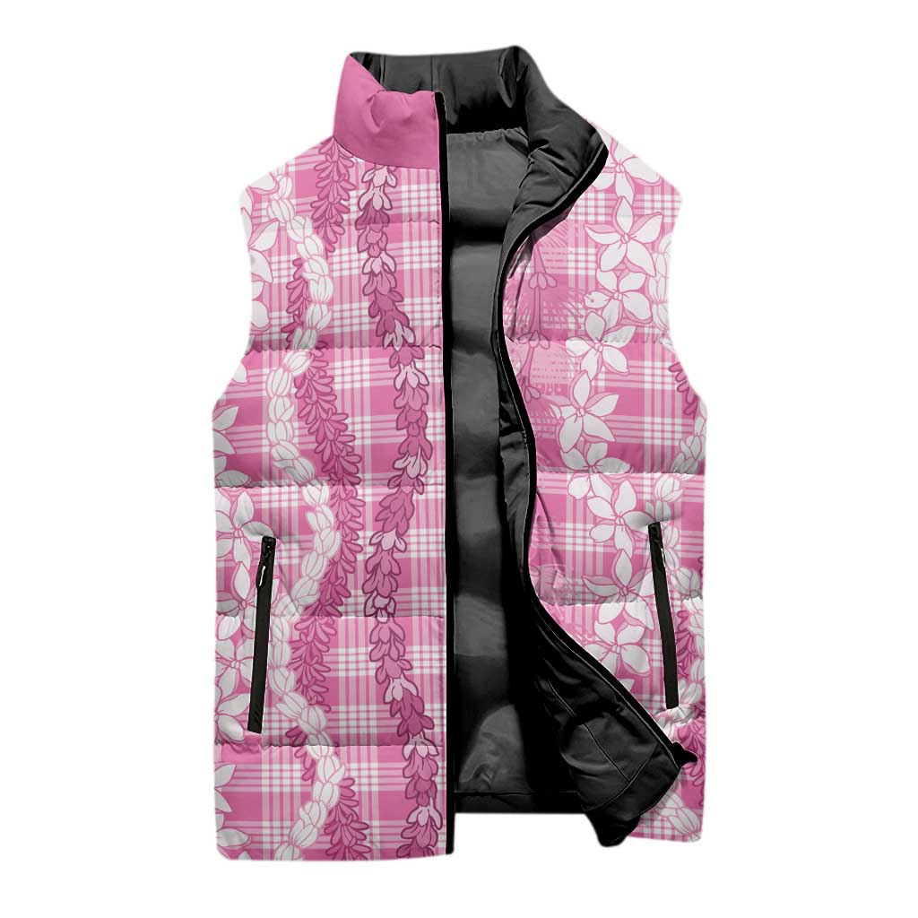 Hawaiian Ohia Lehua Lei Sleeveless Puffer Jacket Plaid Palaka Akala Pattern - Polynesian Pride