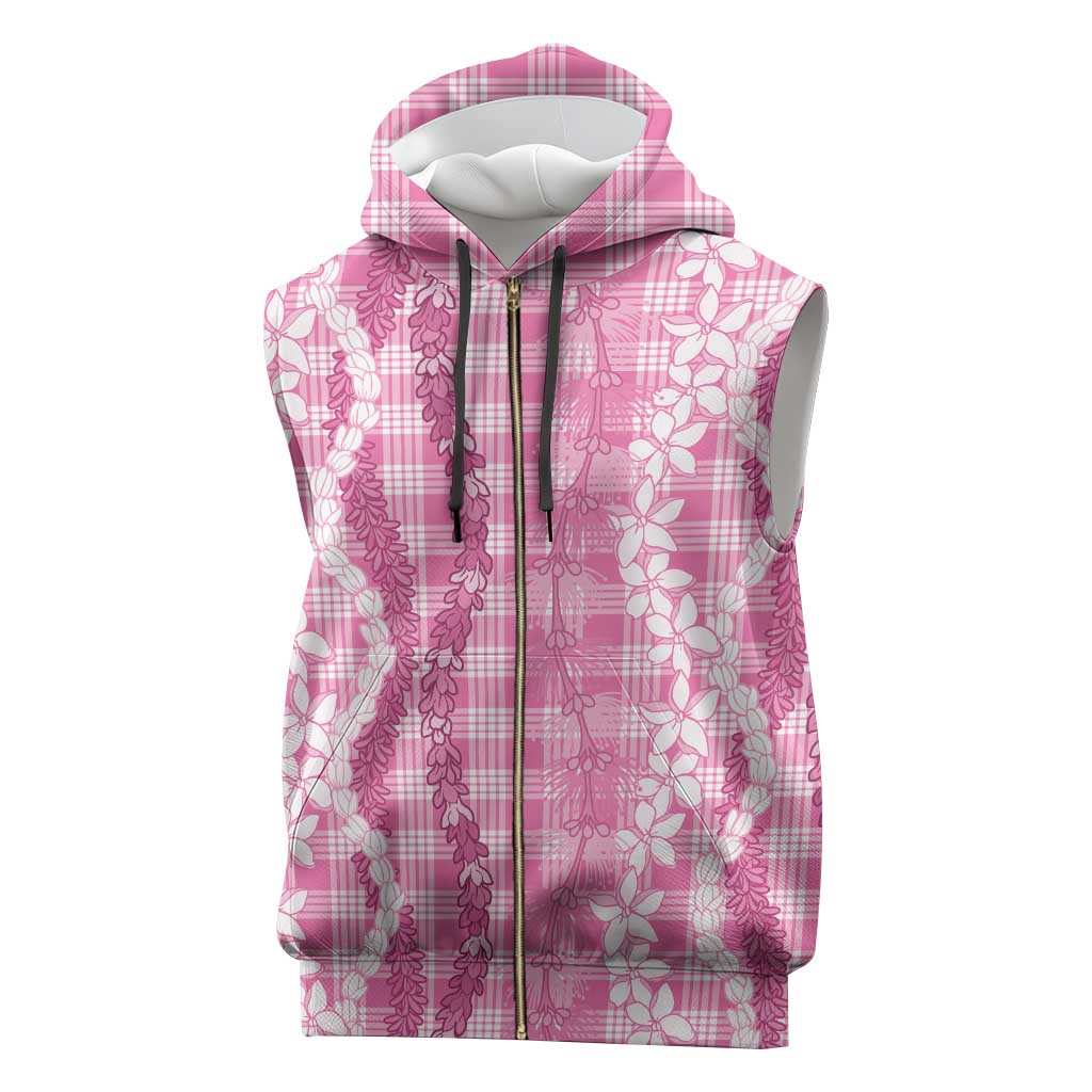 Hawaiian Ohia Lehua Lei Sleeveless Zip Hoodie Plaid Palaka Akala Pattern - Polynesian Pride