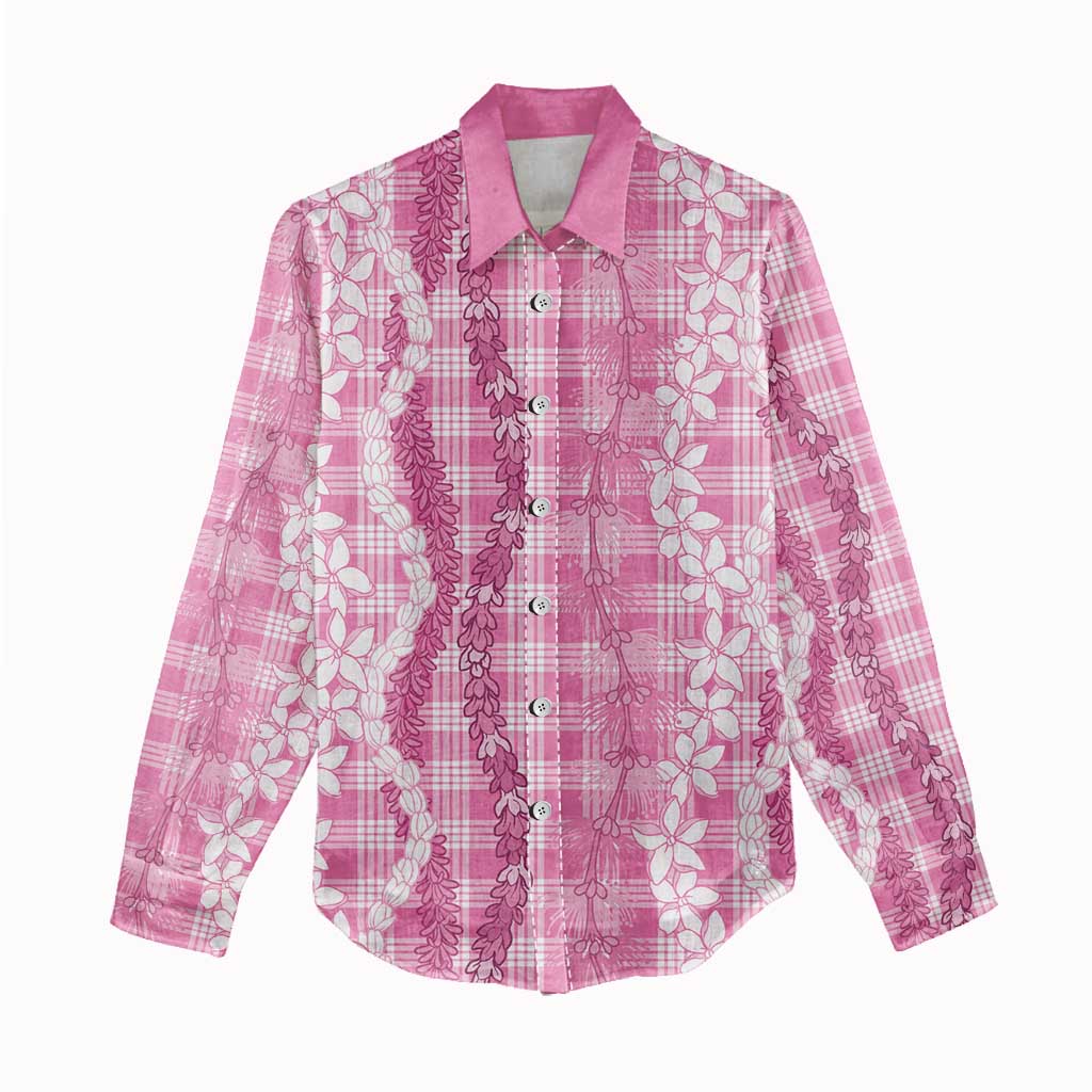 Hawaiian Ohia Lehua Lei Women Casual Shirt Plaid Palaka Akala Pattern - Polynesian Pride