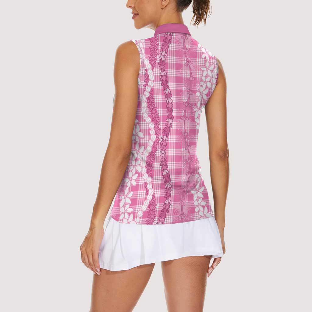 Hawaiian Ohia Lehua Lei Women Sleeveless Polo Shirt Plaid Palaka Akala Pattern - Polynesian Pride