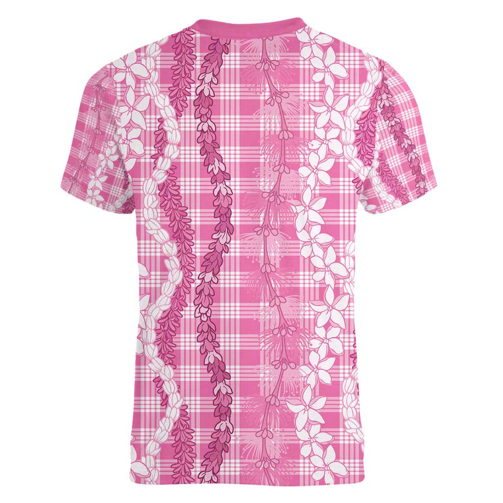 Hawaiian Ohia Lehua Lei Women V-Neck T-Shirt Plaid Palaka Akala Pattern - Polynesian Pride