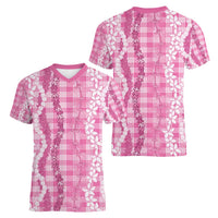 Hawaiian Ohia Lehua Lei Women V-Neck T-Shirt Plaid Palaka Akala Pattern - Polynesian Pride