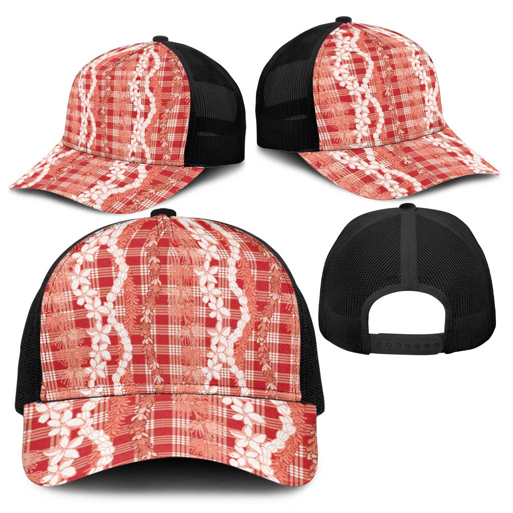 Hawaiian Ohia Lehua Lei Baseball Net Cap Plaid Palaka Ulaula Pattern - Polynesian Pride