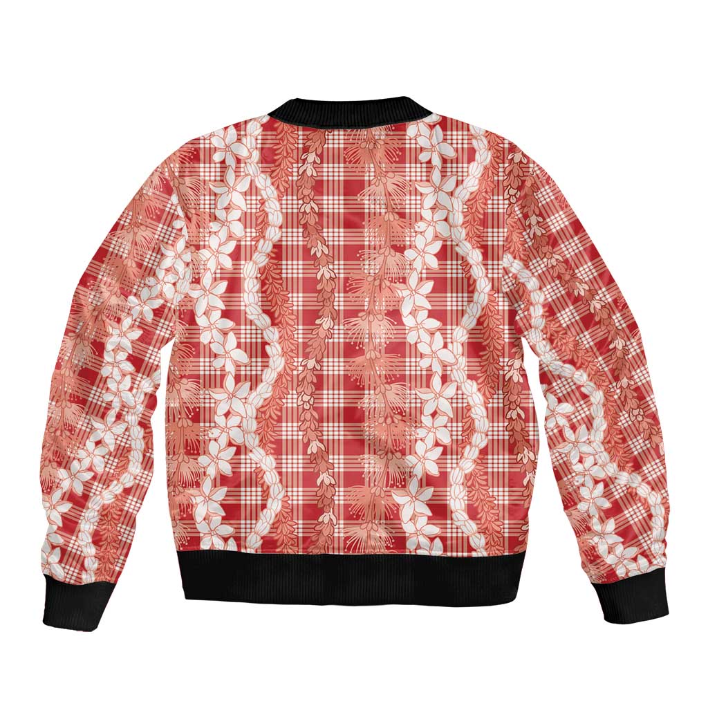 Hawaiian Ohia Lehua Lei Bomber Jacket Plaid Palaka Ulaula Pattern - Polynesian Pride