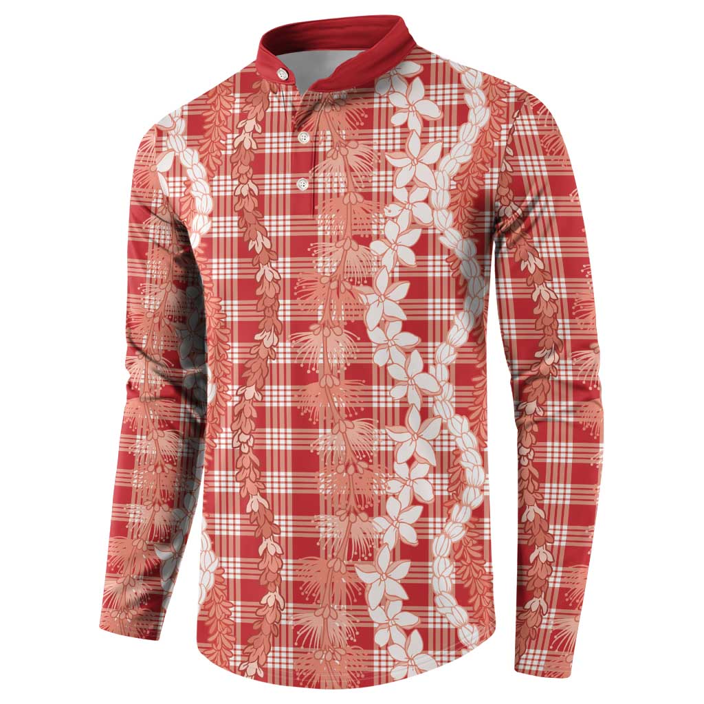 Hawaiian Ohia Lehua Lei Button Sweatshirt Plaid Palaka Ulaula Pattern - Polynesian Pride