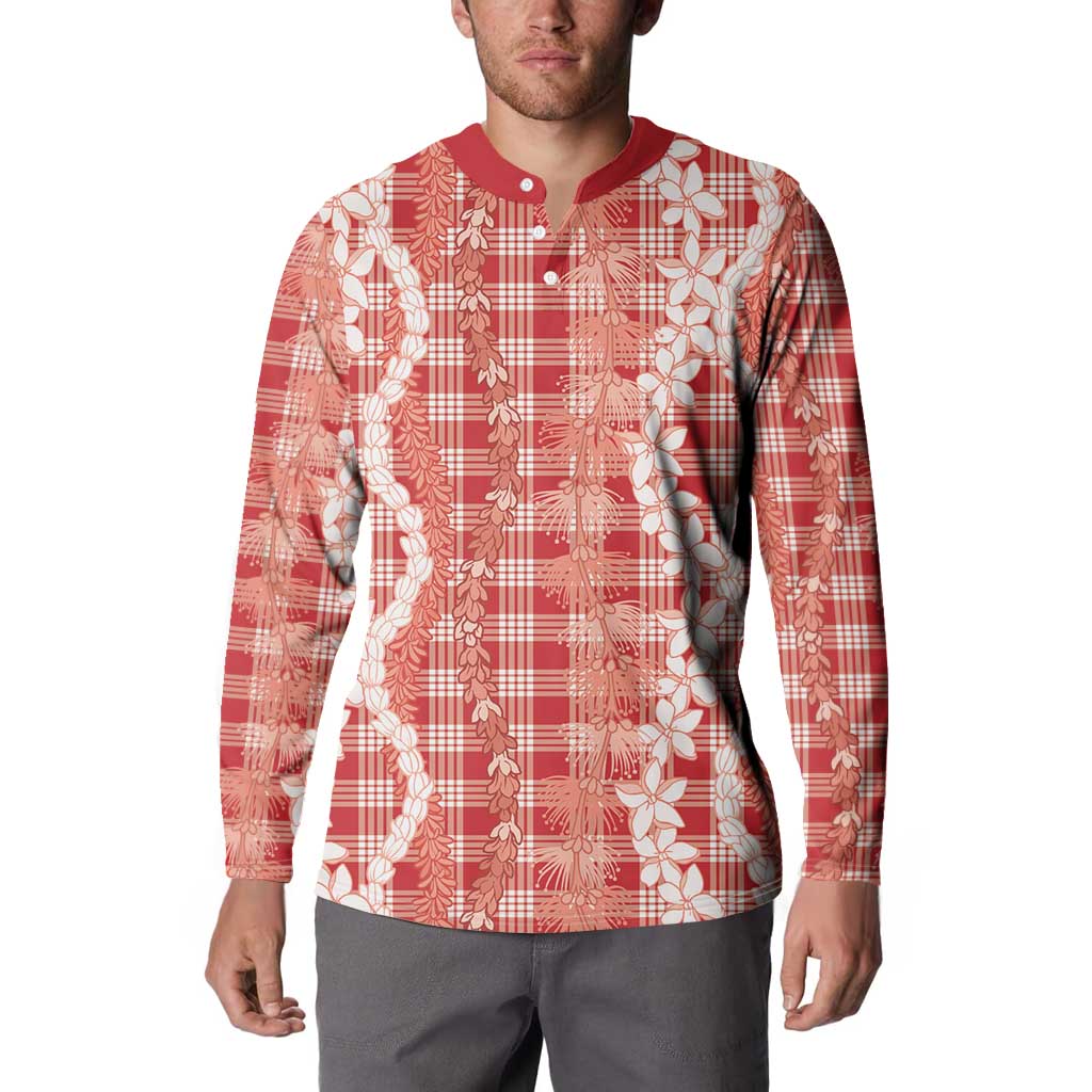 Hawaiian Ohia Lehua Lei Button Sweatshirt Plaid Palaka Ulaula Pattern - Polynesian Pride