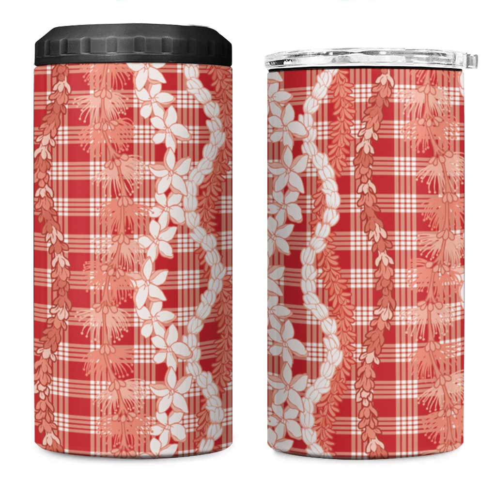 Hawaiian Ohia Lehua Lei 4 in 1 Can Cooler Tumbler Plaid Palaka Ulaula Pattern - Polynesian Pride