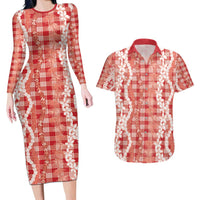 Hawaiian Ohia Lehua Lei Couples Matching Long Sleeve Bodycon Dress and Hawaiian Shirt Plaid Palaka Ulaula Pattern - Polynesian Pride