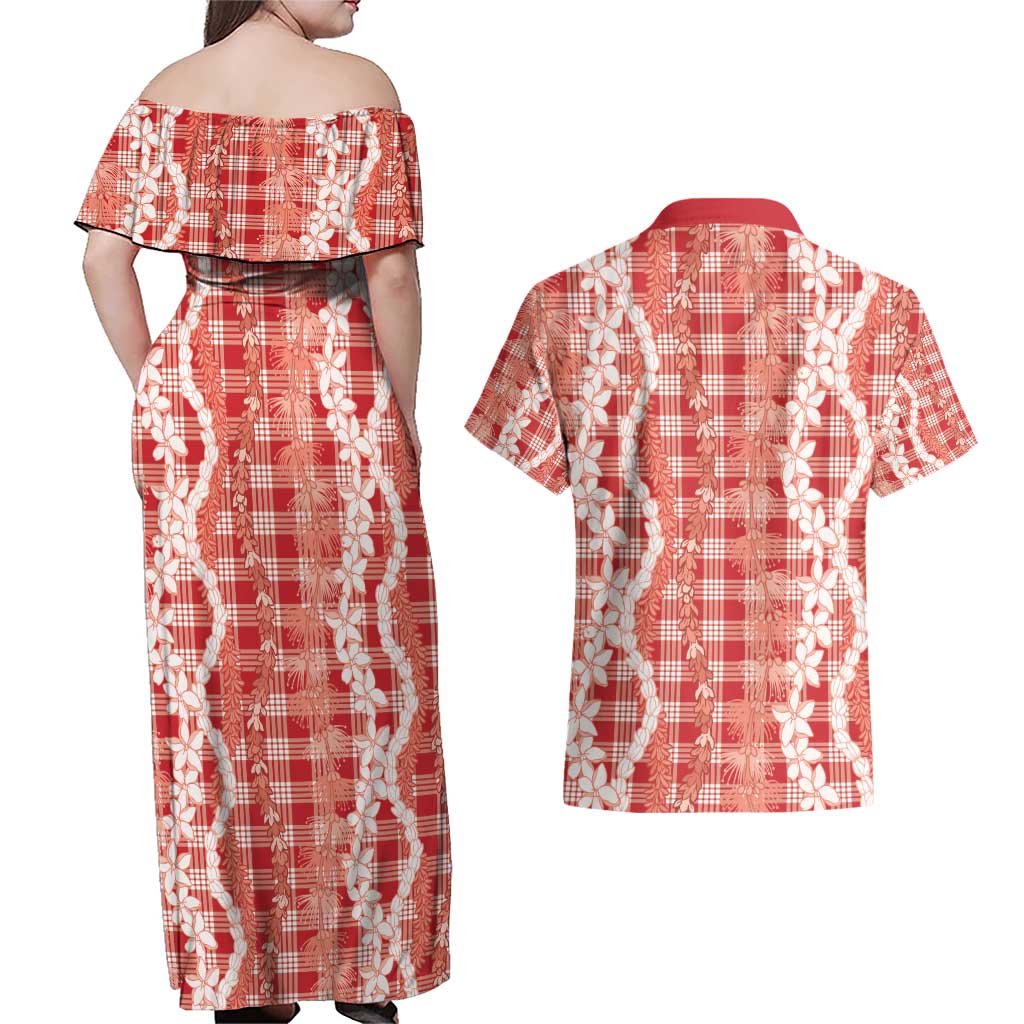 Hawaiian Ohia Lehua Lei Couples Matching Off Shoulder Maxi Dress and Hawaiian Shirt Plaid Palaka Ulaula Pattern - Polynesian Pride