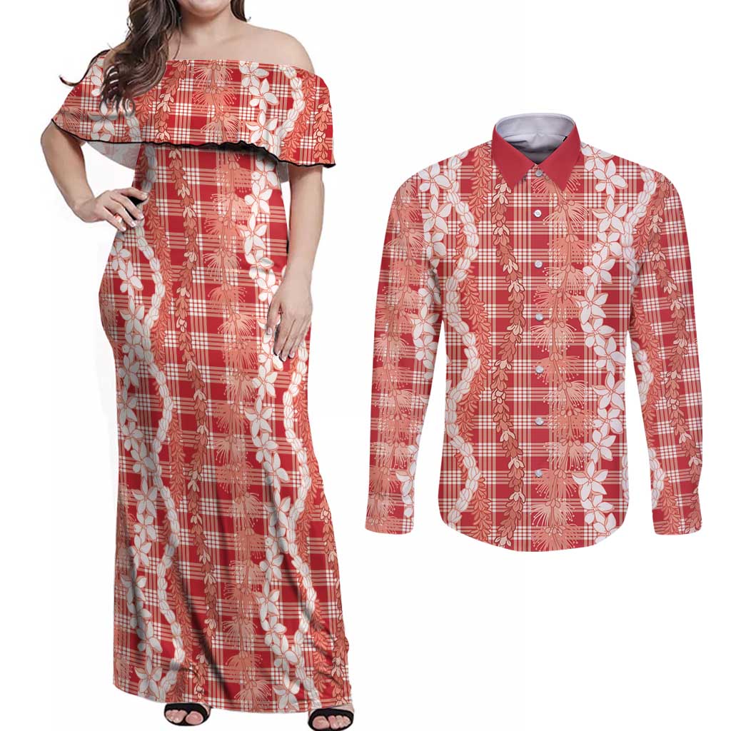 Hawaiian Ohia Lehua Lei Couples Matching Off Shoulder Maxi Dress and Long Sleeve Button Shirt Plaid Palaka Ulaula Pattern - Polynesian Pride