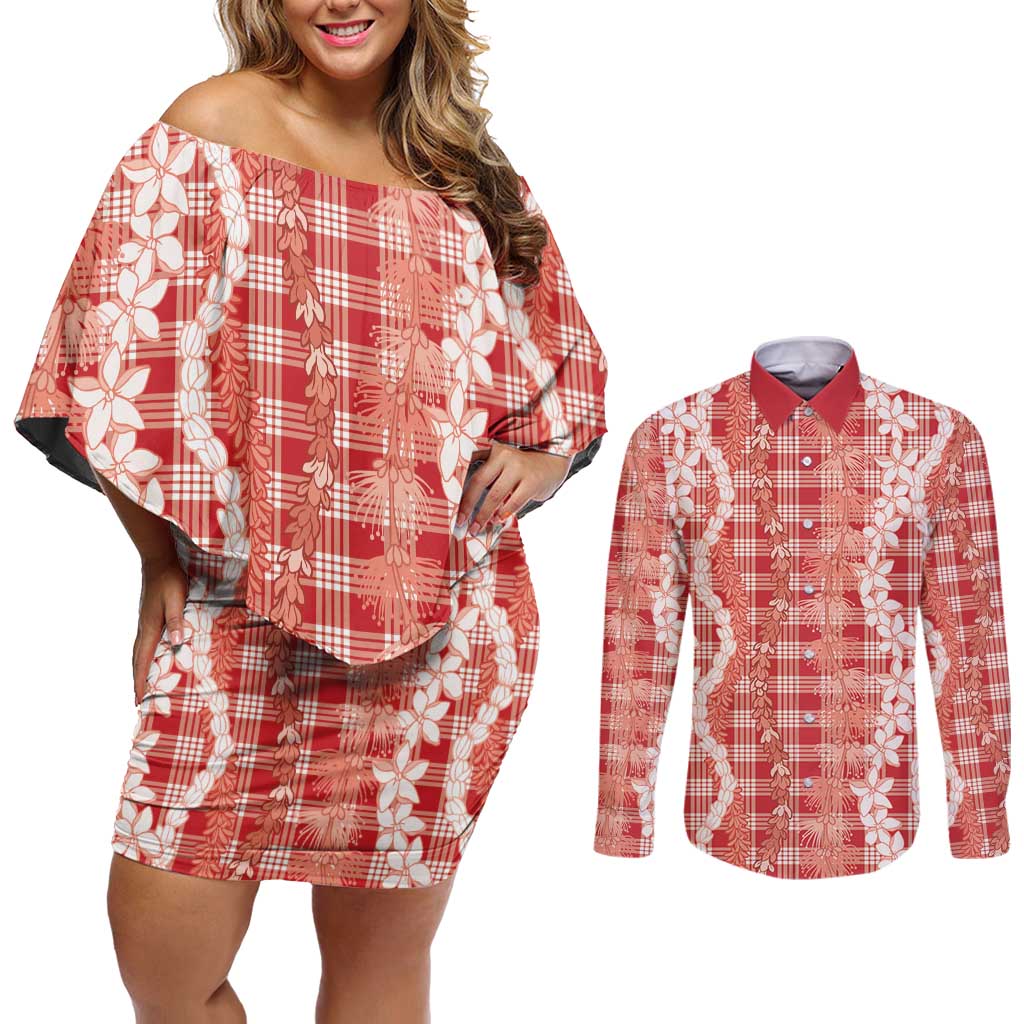 Hawaiian Ohia Lehua Lei Couples Matching Off Shoulder Short Dress and Long Sleeve Button Shirt Plaid Palaka Ulaula Pattern - Polynesian Pride