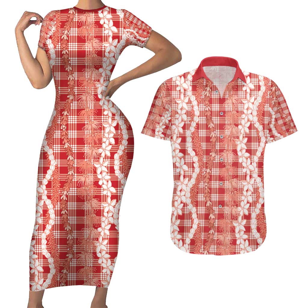 Hawaiian Ohia Lehua Lei Couples Matching Short Sleeve Bodycon Dress and Hawaiian Shirt Plaid Palaka Ulaula Pattern - Polynesian Pride