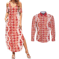 Hawaiian Ohia Lehua Lei Couples Matching Summer Maxi Dress and Long Sleeve Button Shirt Plaid Palaka Ulaula Pattern - Polynesian Pride