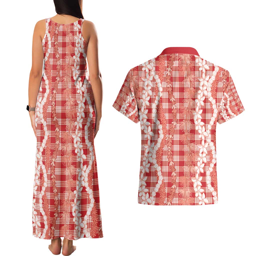 Hawaiian Ohia Lehua Lei Couples Matching Tank Maxi Dress and Hawaiian Shirt Plaid Palaka Ulaula Pattern - Polynesian Pride