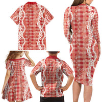 Hawaiian Ohia Lehua Lei Family Matching Long Sleeve Bodycon Dress and Hawaiian Shirt Plaid Palaka Ulaula Pattern - Polynesian Pride