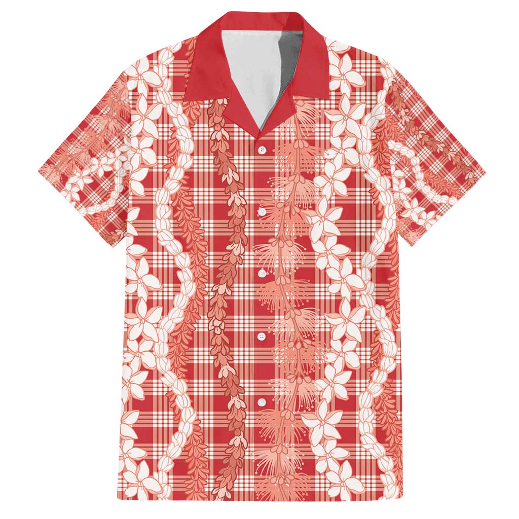Hawaiian Ohia Lehua Lei Family Matching Long Sleeve Bodycon Dress and Hawaiian Shirt Plaid Palaka Ulaula Pattern - Polynesian Pride