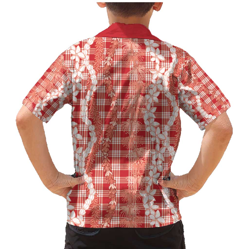 Hawaiian Ohia Lehua Lei Family Matching Mermaid Dress and Hawaiian Shirt Plaid Palaka Ulaula Pattern - Polynesian Pride