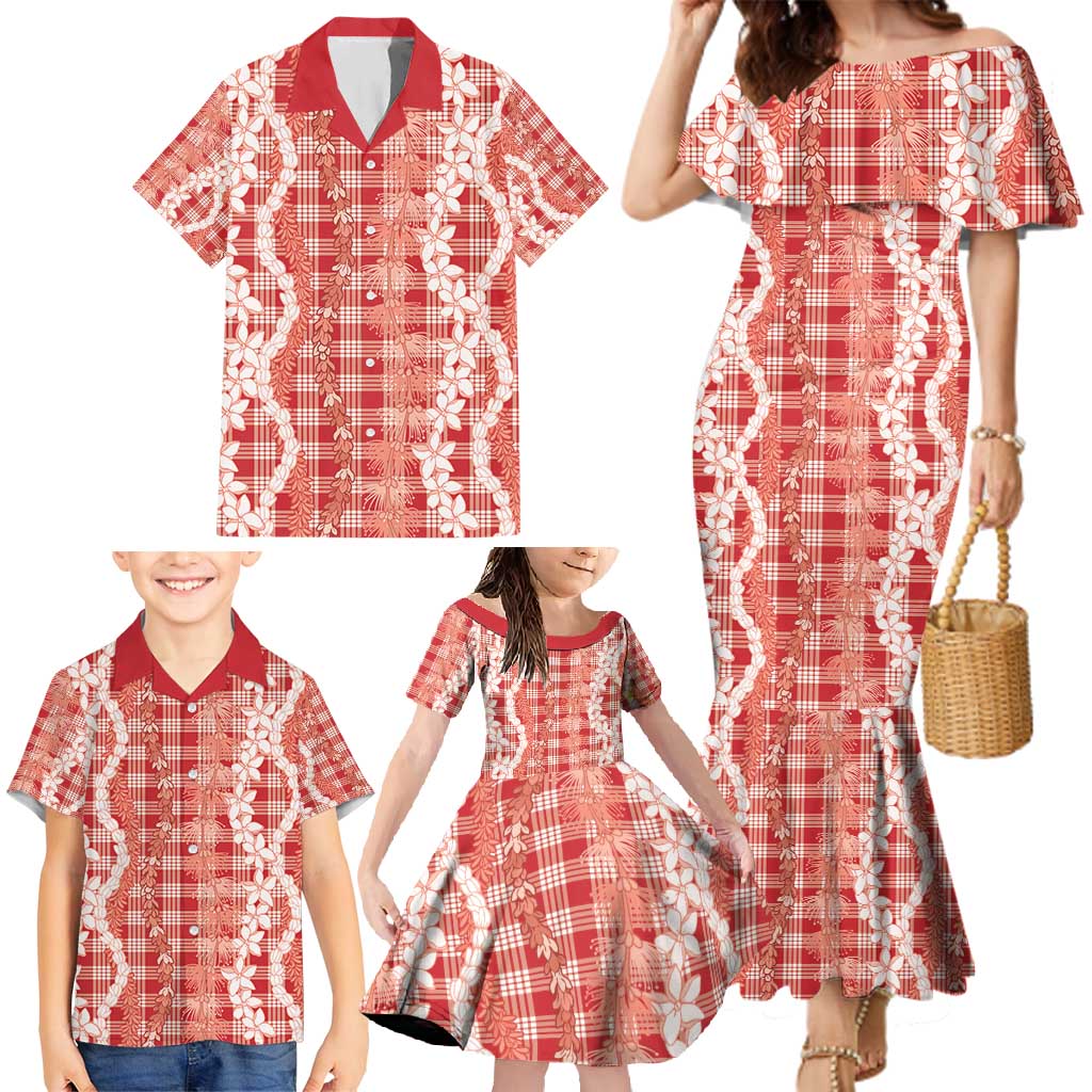 Hawaiian Ohia Lehua Lei Family Matching Mermaid Dress and Hawaiian Shirt Plaid Palaka Ulaula Pattern - Polynesian Pride